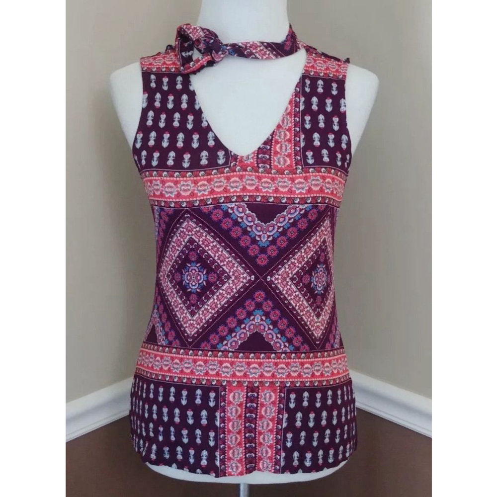 Modcloth Burgundy Floral Tie Neck Retro Sleeveless Top Coquette Boho Pin Up Mod